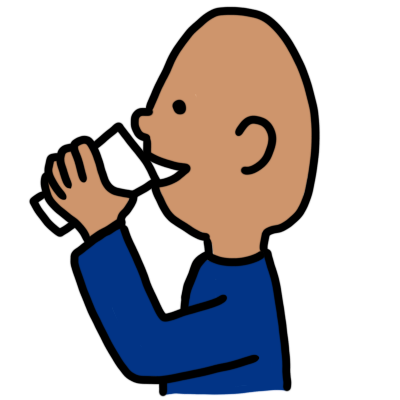 A figure with brown skin and no hair drinking from a glass, in the style of the PCS Classic symbol set.